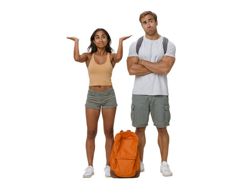 Confused Young Couple of Tourists Looking Lost or Arguing Standing with Backpack isolated on transparent or white background, png