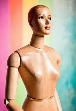 Wooden female mannequin bust with painted face in colorful studio