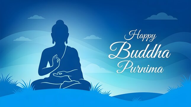 Silhouette of Buddha with Happy Buddha Purnima Greeting in Blue Tones