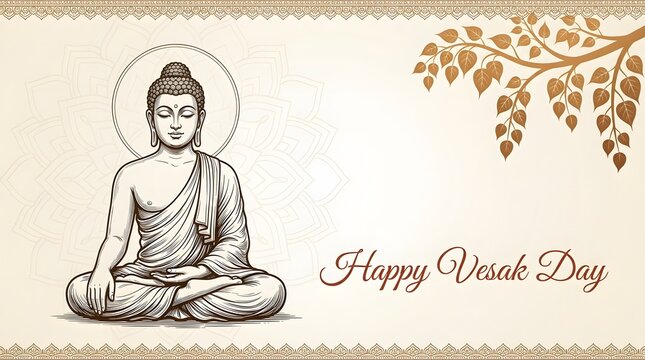 Elegant Vesak Day Greeting with Buddha Illustration and Leaves