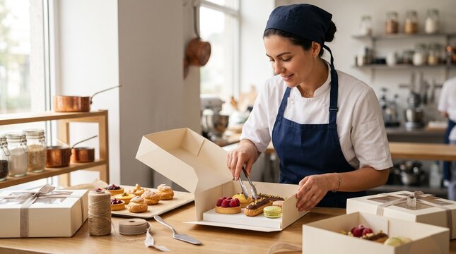 Confeiteira profissional embalando doces artesanais para entrega em cozinha organizada com conceito moderno de pequeno neg&oacute;cio gastron&ocirc;mico