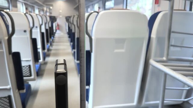 Empty interior of a modern commuter train carriage with neat rows of plastic seats, showing clean public transport infrastructure designed for efficient urban passenger travel flow