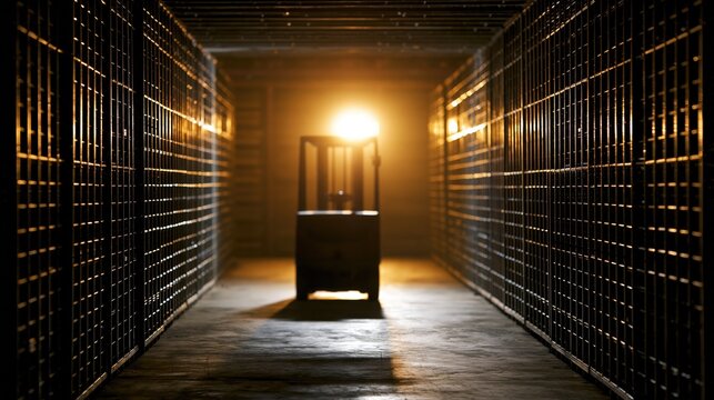 Dimly Lit Jail Corridor with Glowing Light at the End and a Single Cell Door