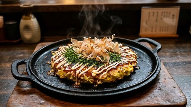 Freshly cooked Japanese okonomiyaki savory pancake sizzling on a hot cast iron skillet with rising steam and dancing bonito flakes