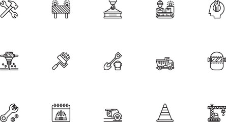 Road work and heavy construction outline icon set featuring safety barricades lifting cranes paint rollers cement shovels dump trucks and traffic cones vector © Mr. Akash