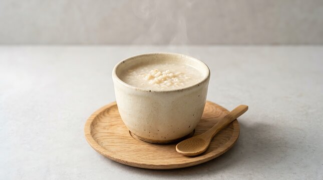 Warm ceramic cup of traditional Japanese amazake or hot rice porridge served on a wooden saucer with a spoon