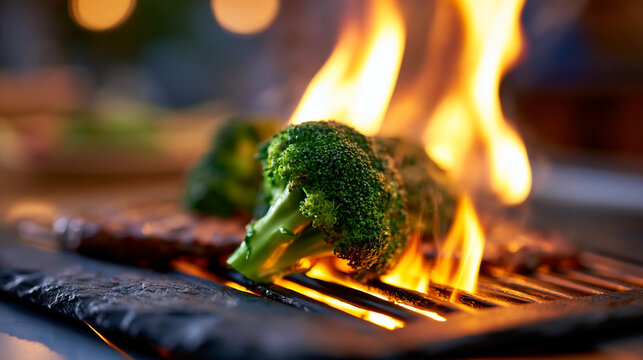Fresh broccoli florets being grilled over open flames on a hot stone surface
