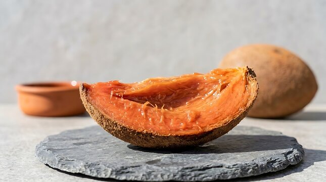A fresh slice of ripe mamey sapote fruit served on a grey stone plate in bright sunlight