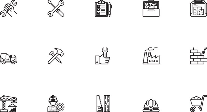 Industrial repair and construction tools outline icon set featuring crossed wrenches mechanic toolboxes factory buildings clipboards and safety hard hats vector