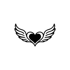 Minimalist black heart icon with stylized angel wings isolated on white background. © prayer