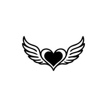 Minimalist black heart icon with stylized angel wings isolated on white background.