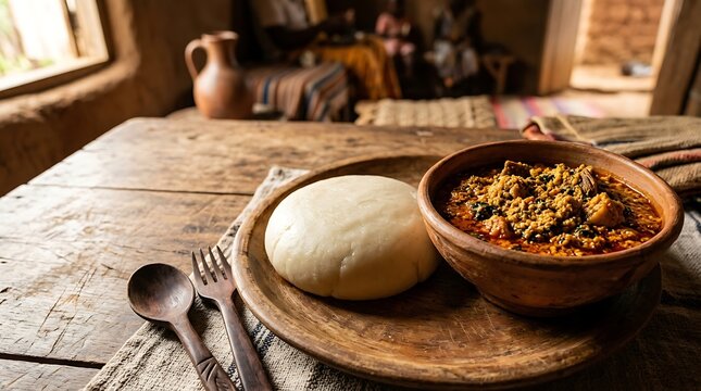 Traditional West African fufu served with a savory meat and vegetable stew in a clay bowl on a rustic wooden table inside a village home