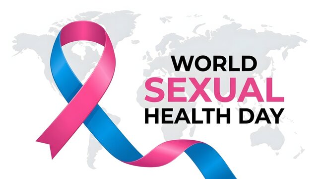 World sexual health day awareness banner featuring a pink and blue awareness ribbon over a subtle grey world map background