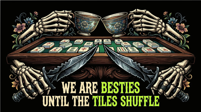 We Are Besties Until The Tiles Shuffle funny macabre vector illustration of skeleton hands clinking teacups over a Mahjong table with crossed combat knives