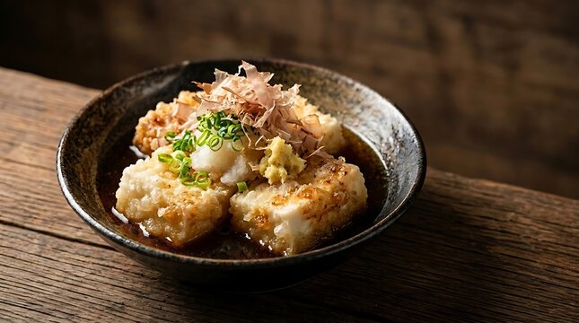 Traditional Japanese takoyaki octopus balls served in a ceramic bowl with sauce and toppings