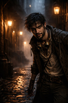 Steampunk Rogue in Dark Street