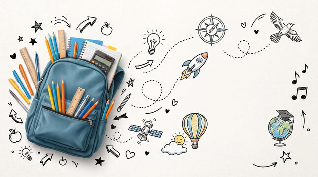 back to school promotion banner with blue backpack and hand drawn doodles on white background