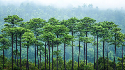 Fototapeta premium Pine trees form a dense forest canopy blanketed by heavy morning mist in a cool mountain climate.
