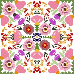 Obraz premium This fabric pattern features a distinctive blend of tribal and floral motifs, brought to life with vibrant color tones and intricate fabric . The harmonious composition traditional tribal fabric with 