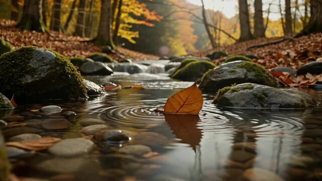 A single yellow leaf rests on the surface of a calm forest stream, surrounded by mossy rocks and autumn foliage in a serene woodland setting.