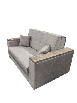 Modern grey fabric fold out sleeper sofa with wooden armrests isolated on white background, contemporary furniture catalog item, home interior decor design.