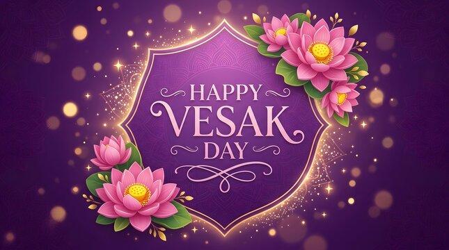 Elegant Vesak Day Greeting Card with Lotus Flowers and Sparkles
