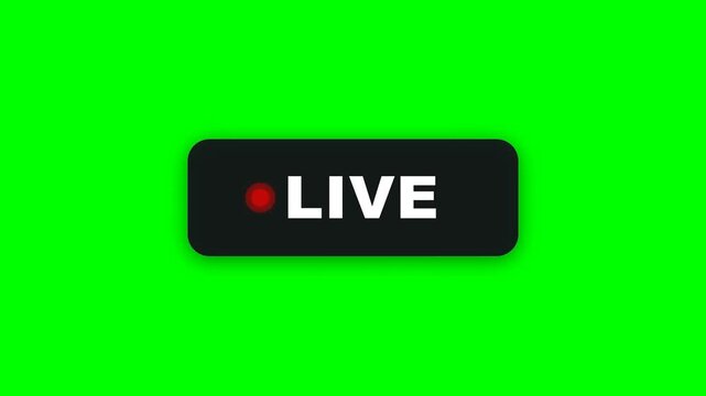 A black rectangular button with a red recording dot and the word 'LIVE' in white text, centered on a vibrant green screen background.