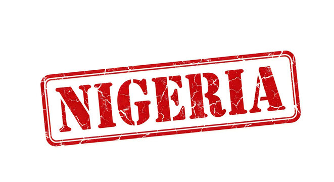 A bold red stamp with the word nigeria in all caps, framed by a vibrant red border, symbolizing official recognition and national pride