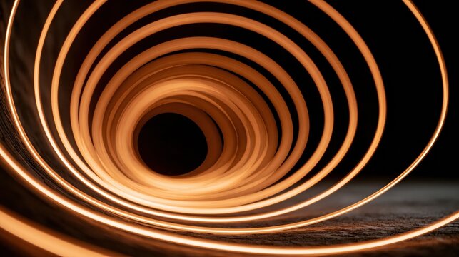 Abstract warm orange glowing spiral vortex tunnel effect created with light painting on a dark background