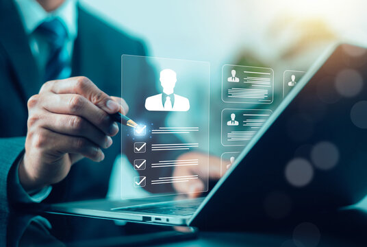 Business professional reviewing a digital employee profile and recruitment checklist on a virtual interface, representing HR management, hiring, talent acquisition, candidate evaluation.