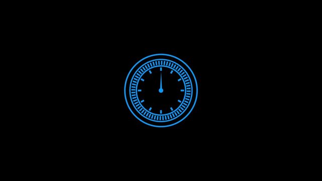 Futuristic glowing blue neon clock speed abstract timer icon vector illustration isolated on dark black background. Digital stopwatch dashboard gauge, measurement instrument logo element for modern te