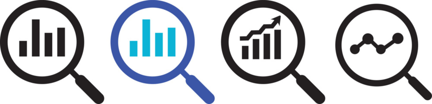 Magnifying glass and search line icon set for web navigation and mobile app interface. Document inspection symbol with zoom in and zoom out optical lens indicators. Modern vector illustration of resea