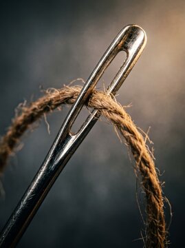 Detailed view of a sewing needle with thread elegantly passing through the eye in soft focus
