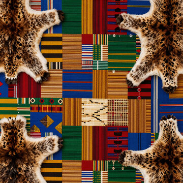 Editorial Illustration Pattern Quilt. African Fabric And Wild Animal Skin Patchwork Wallpaper Seamless Pattern