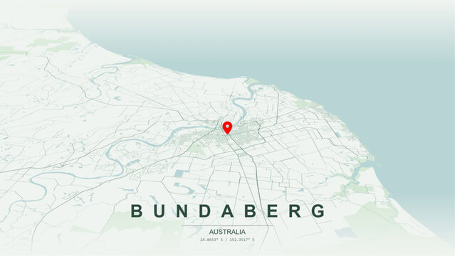 Modern minimalist vector map of Bundaberg, Queensland. High-quality scalable illustration of Bundaberg geographic boundaries along the Burnett River contours for posters design.
