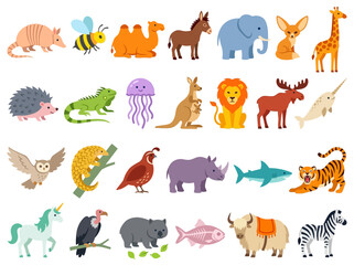 Flat Cartoon Animal Icon Collection with Wild Animals, Sea Creatures, and Mythical Characters © Gulungan