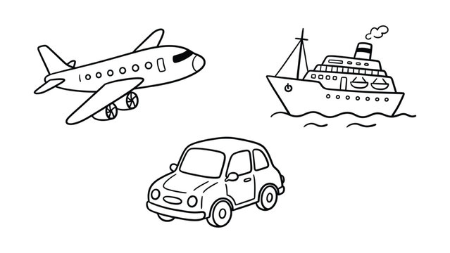 Transport plane ship car doodle sketch vector illustration