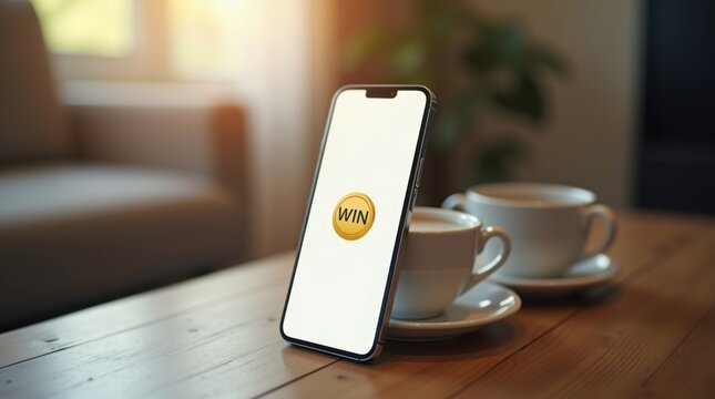 Un tel&eacute;fono inteligente junto a una taza de caf&eacute;; la pantalla brillante muestra la palabra ganar con un peque&ntilde;o icono de moneda; ambiente hogare&ntilde;o y acogedor