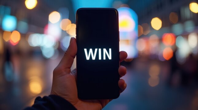 Smartphone en la mano al aire libre por la noche mostrando la palabra Ganar