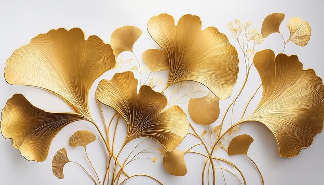 Golden Ginkgo Biloba Leaves On White Background Luxury Floral Art Deco Gold Natural Design For Bunner Card Poster