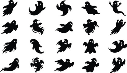Fototapeta premium Set of various cute ghost characters for halloween vector design elements isolated on a white background for holiday projects