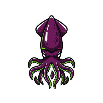 Cartoon purple squid mascot logo design illustration.