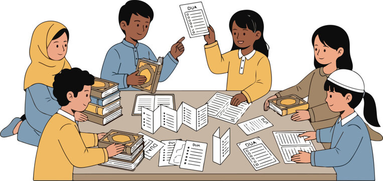Children studying religious texts and prayers around a table