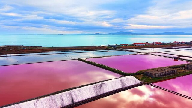 Aerial view of pink salt pans and Black Sea coastline, Bulgaria. Turquoise water meets vivid pink pools near a red roof village.