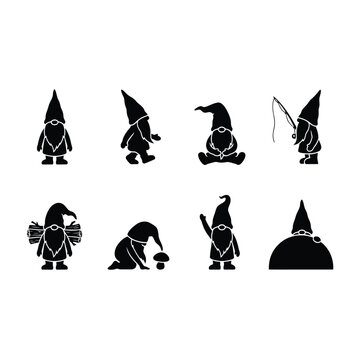 Set of cute garden gnomes silhouettes, vector illustration of funny dwarfs in different poses isolated on white background