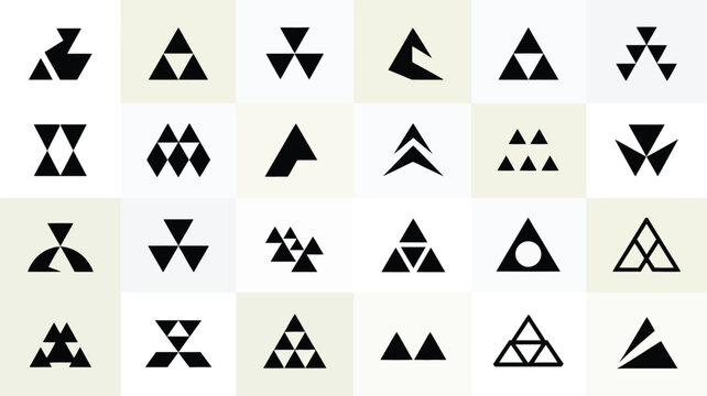 Collection of modern triangle logos with grid various triangle based logos icons black white minimalist geometric abstract graphic pattern design symbol vector beige shape
