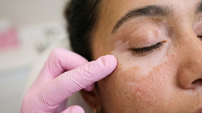 Macro shot of dermatologist hands inspecting vitiligo skin depigmentation patches around patient eye during clinical skin checkup
