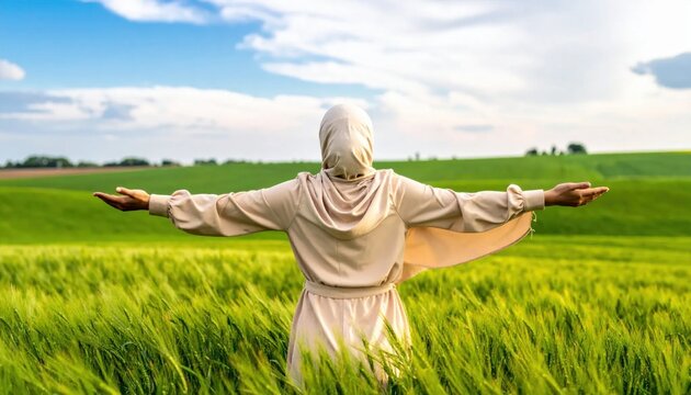 young woman in hijab with open arms standing in a green wheat field at sunset, freedom, peace, faith, hope, spiritual connection