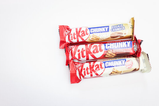 A close-up of a Kit Kat Chunky wafer bar in milk chocolate, in the background. Russia, Moscow, July 24, 2026.