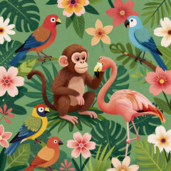 Obraz premium Isometric Pattern Zoo. Illustration Showcases A Tropical Monkey, Flamingo, And Bird Amidst Vibrant Brazilian-Inspired Flowers